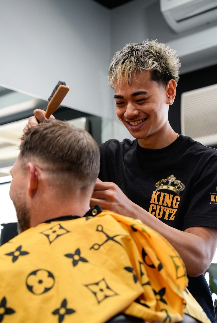 King Cutz barber smiling while finishing a fade