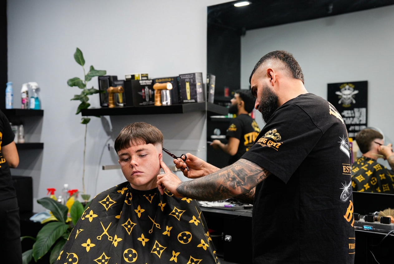 King Cutz barber refining a fresh fade in the shop
