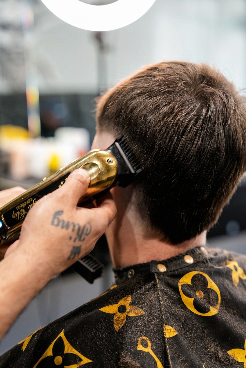 Gold clippers shaping a clean tapered haircut