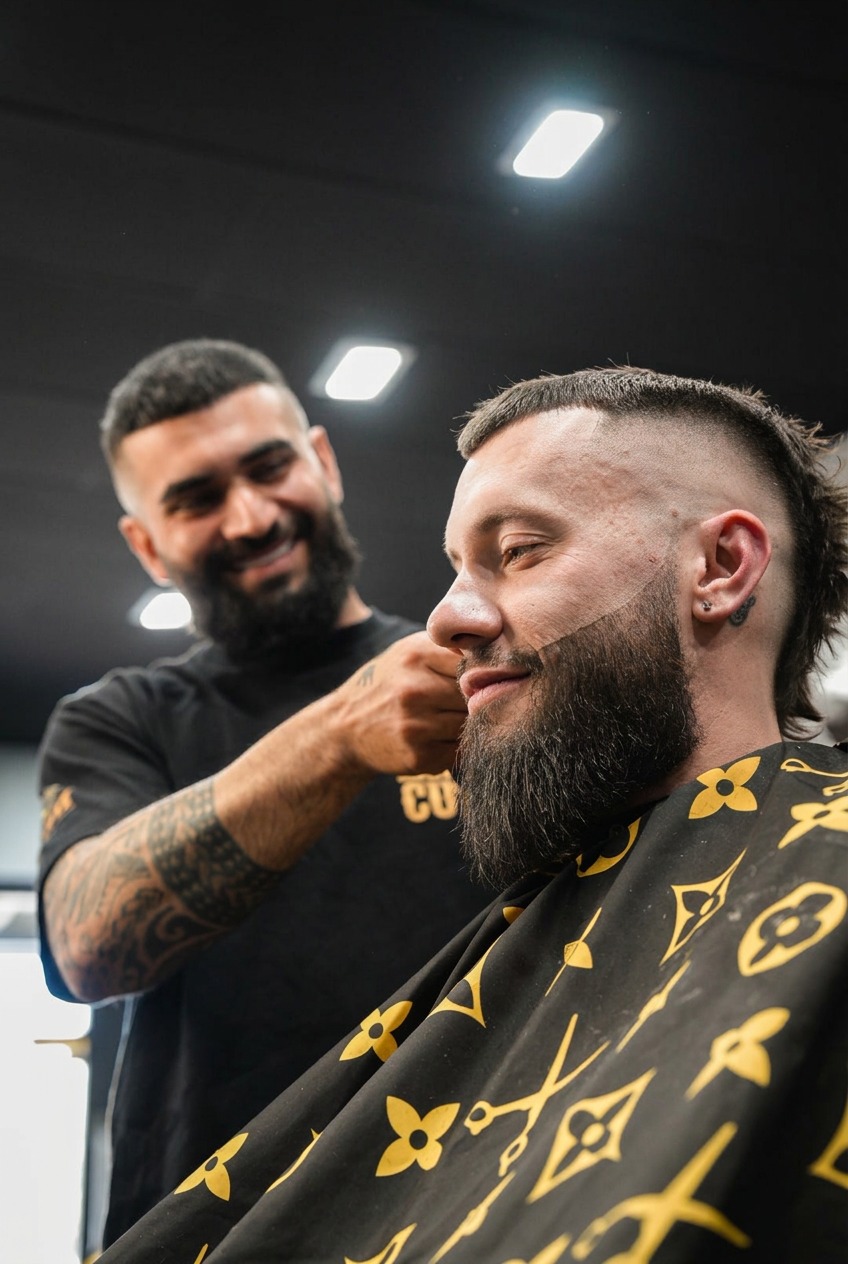 Barber and client during a detailed beard service